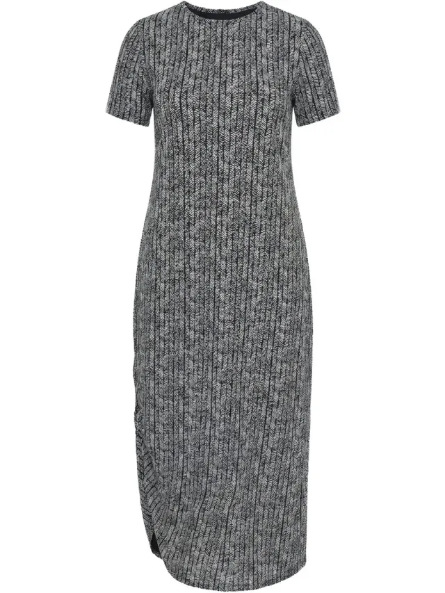 Ulla Popken Dames - Maxi-jurk visgraat ronde hals korte mouwen - Zwart - Maat 46+