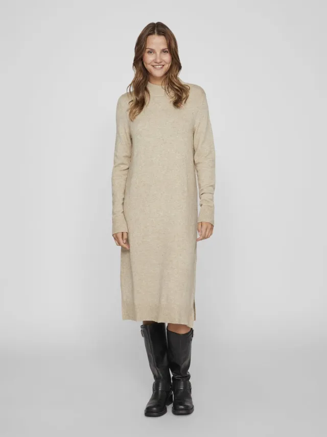 Vila VIRIL CREW NECK L/S MIDI DRESS - NOOS Dames Jurk Natural Melange