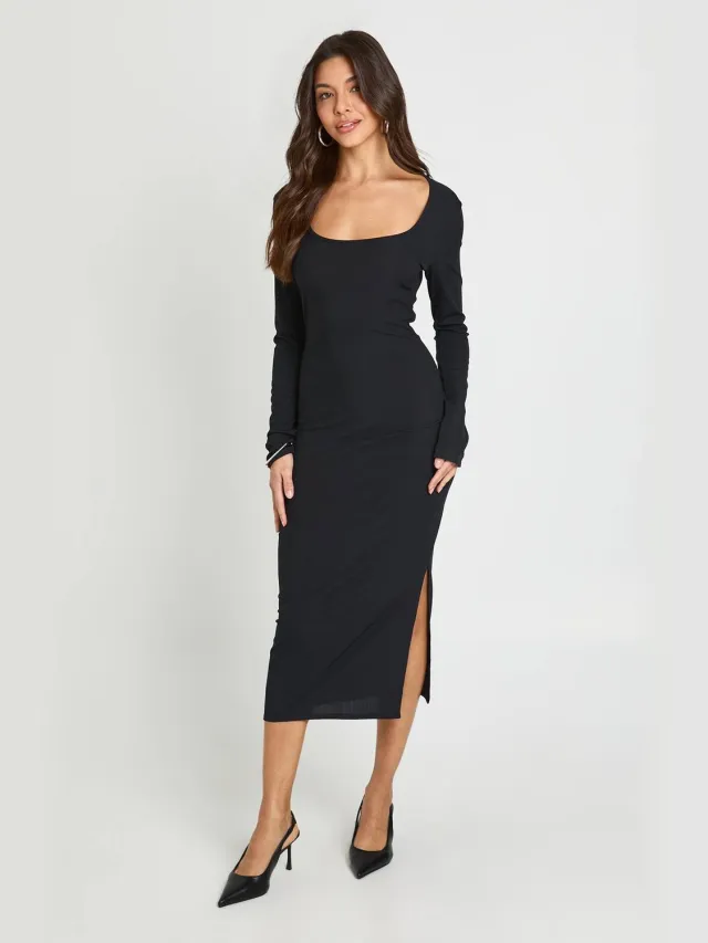boohoo Dames Geribbelde Jersey Midi-jurk Met Wijde Halslijn Zwart