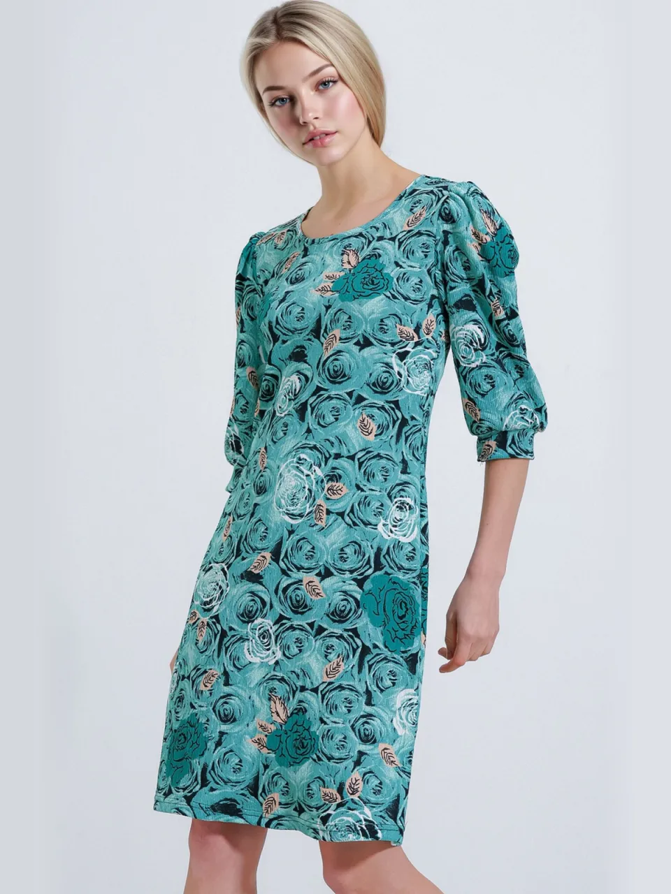 Big Dart Geborduurde Bloemen Midi Jurk met Driekwart Mouwen pastelblauw, foto 2