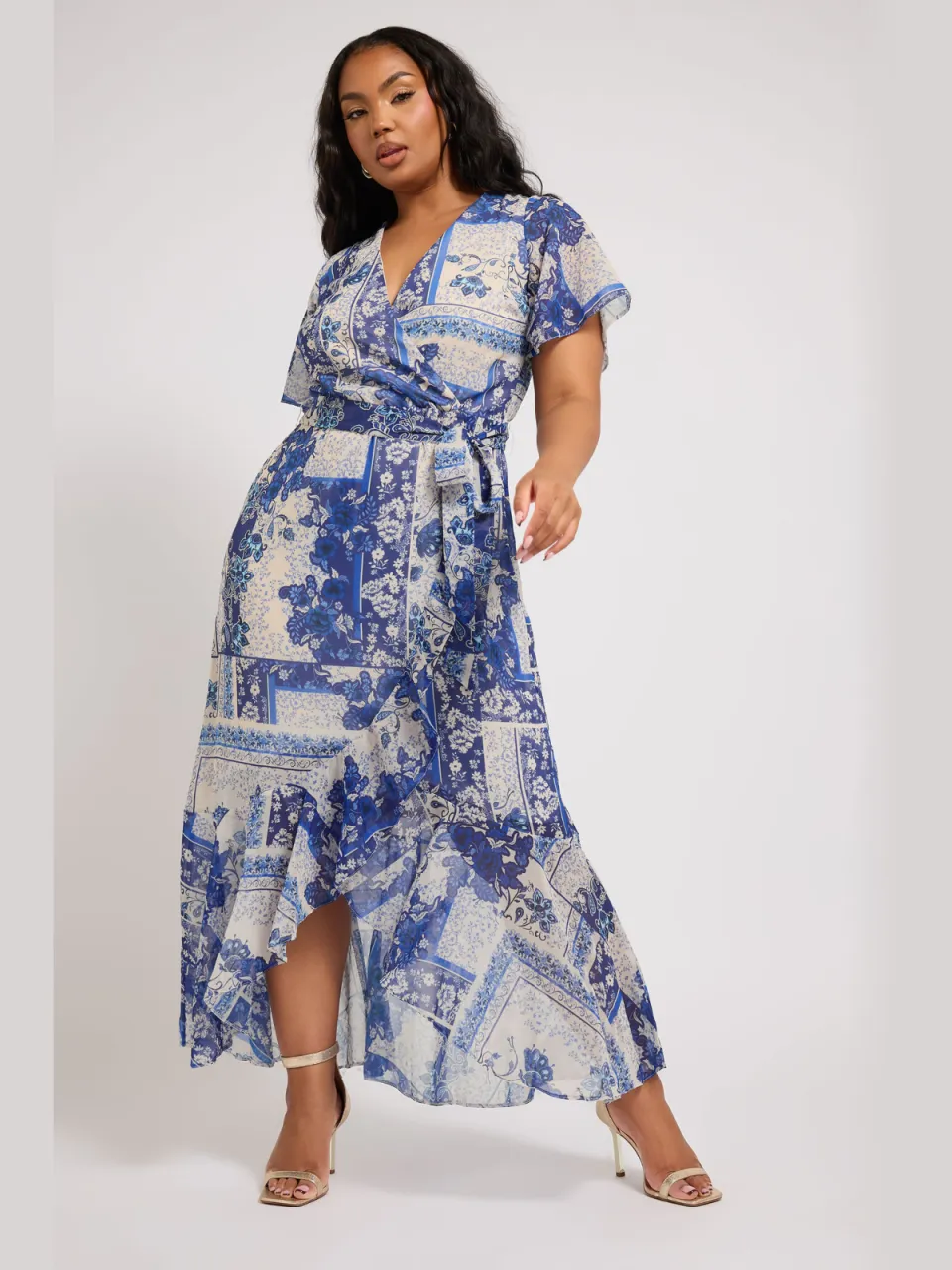 Yours London Wikkeljurk Met Bloemenmotief En Ruchezoom In Wit/Blauw Blue