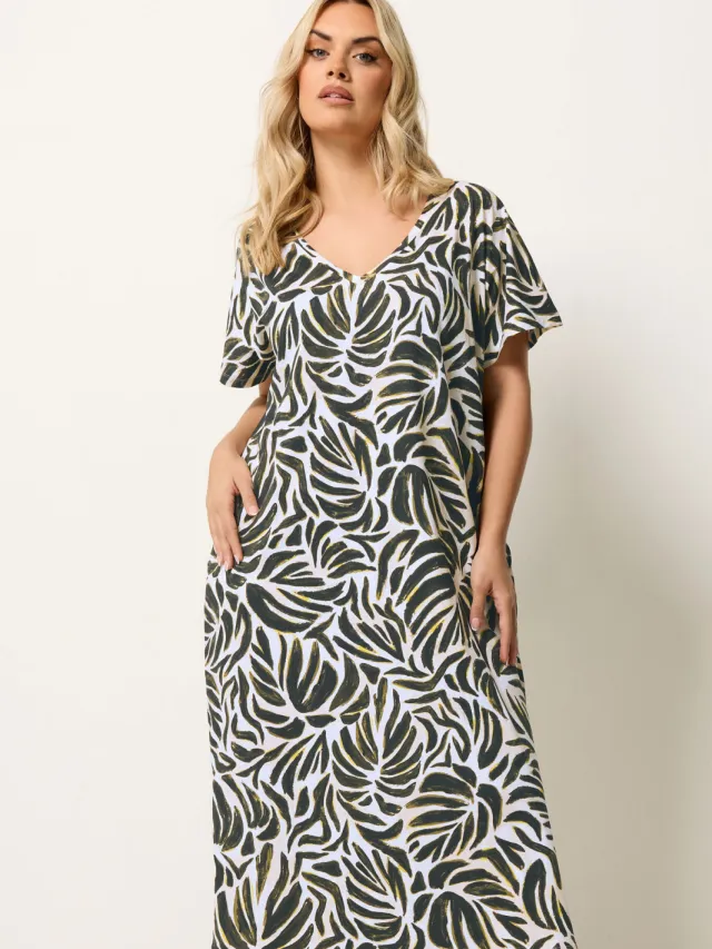 Yours Jurk Met Natuurlijke Bruine En Groene Bladprint-56 Green