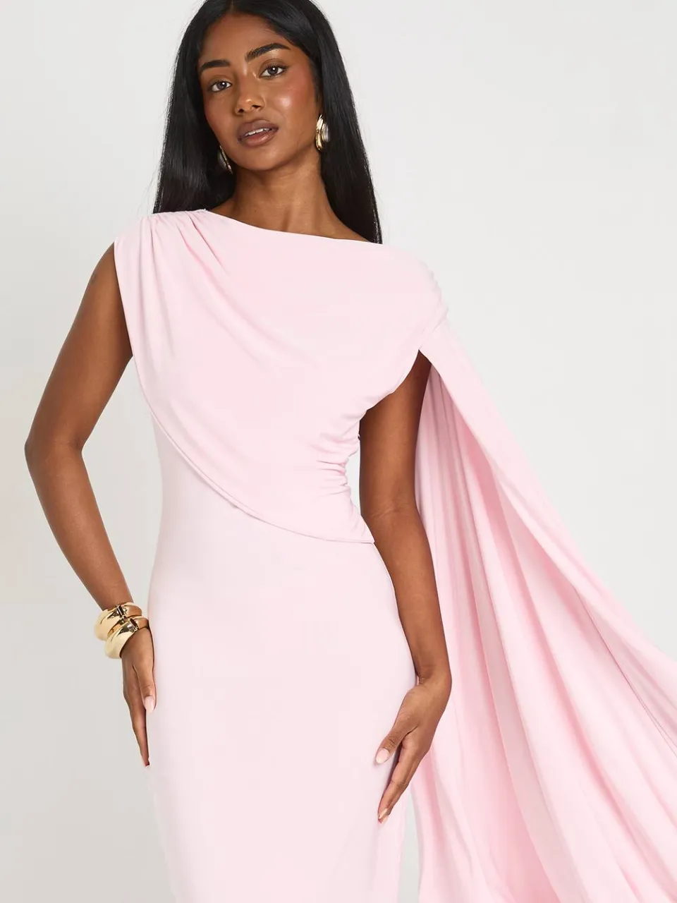 boohoo Dames Zachte Touch Drape One-shoulder Midaxi Jurk pastelroze, foto 4