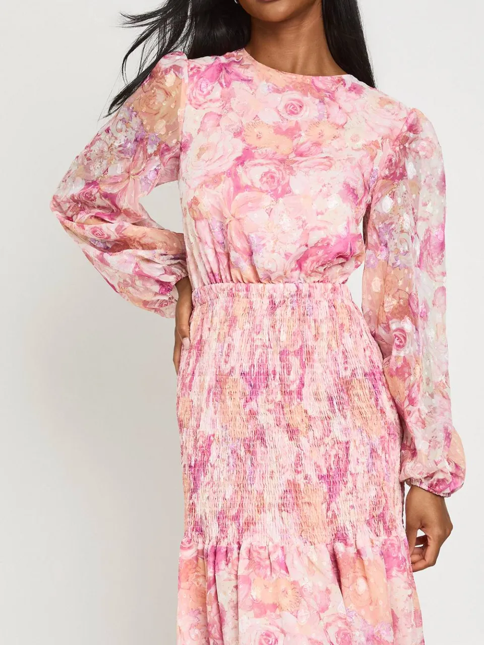 boohoo Dames Jacquard Bloemen Midi-jurk Met Gerimpelde Taille En Open Rug roze, foto 4