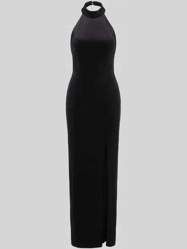 Jake*s Cocktail Maxi avondjurk van polyestermix met halter en pijpsplit Zwart