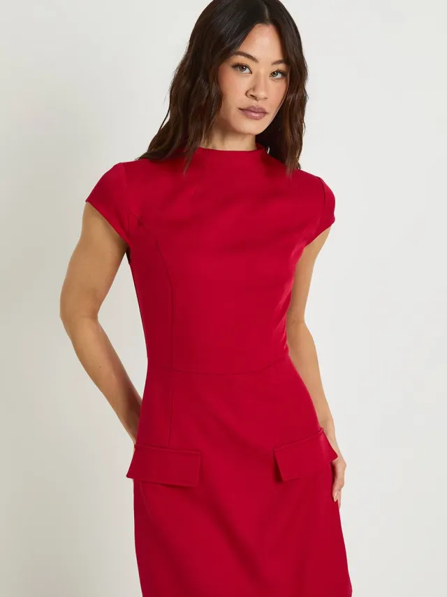 boohoo Dames Lange hoge halslijn gestructureerde op maat gemaakte mini-jurk Dark Cherry