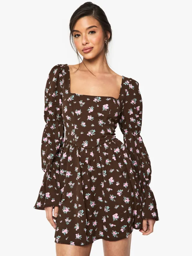 boohoo Dames Corset Bloemenprint Puff Mouw Melkvrouw Schaatsjurk Bruin