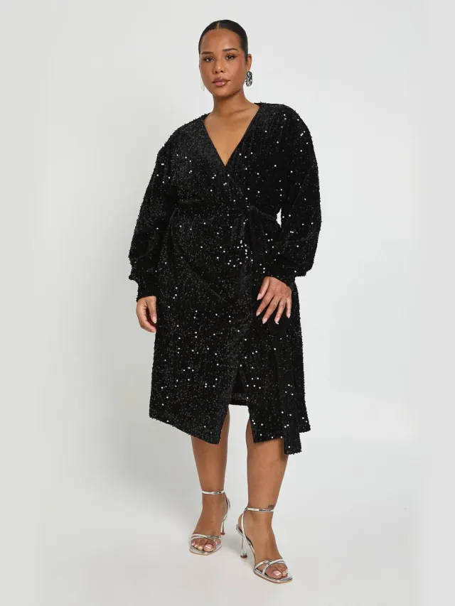 boohoo Dames Plus V-Hals Wikkel Jurk Zwart