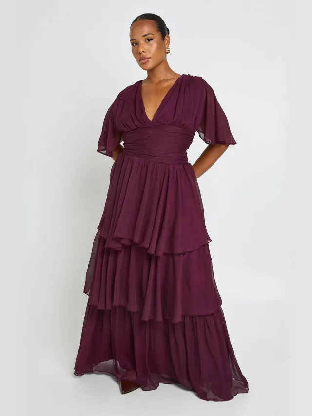 boohoo Dames Plus Chiffon Gelaagde Maxi Jurk Met Diepe V-hals Pruim