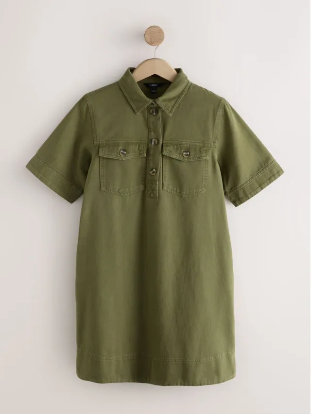 Next Dames - Mini-overhemdjurk in utility-stijl, petite - Petite - Groen Washed Sage Green