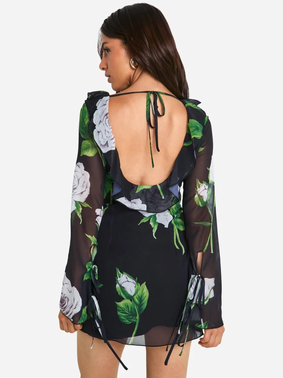 boohoo Dames Florale Chiffon Ruffle Shift Jurk zwart, foto 2