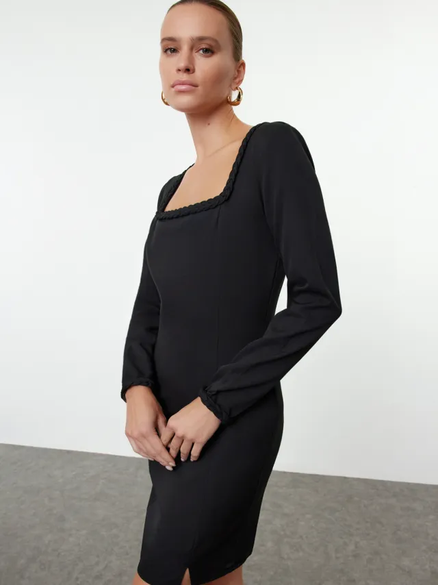 Trendyol TRENDYOLMİLLA Dames Zwart Effen Kort / Mini Lang Avond / Dagelijks Bodycon Jurken