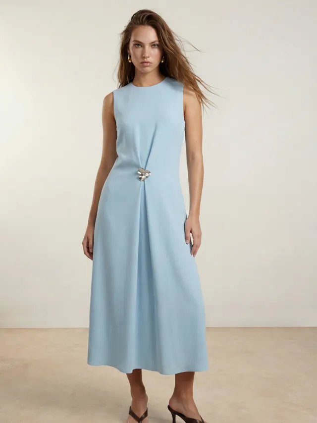 Trendyol TRENDYOLMİLLA Dames Blauw Effen Midi Mouwloos A-lijn Jurken