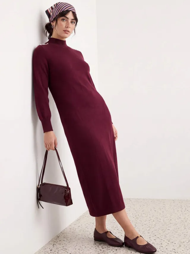 Trendyol Modest Dames Bordeaux Effen Maxi Lang Casual Recht Modest Jurken Bordeauxrood