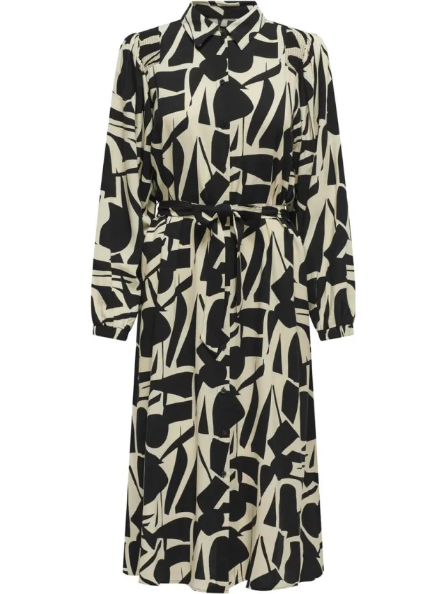Only ONLHALIA LIFE L/S BELT SMOCK DRESS PTM Dames Jurk Black;City Graphic