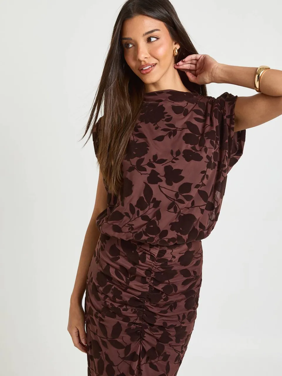 boohoo Dames Devore Blouse Maxi Jurk chocoladebruin, foto 3