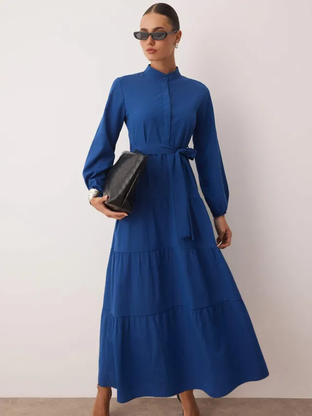 Trendyol Modest Dames Donkerblauw Effen Maxi Lang Casual A-lijn Modest Jurken Kobaltblauw