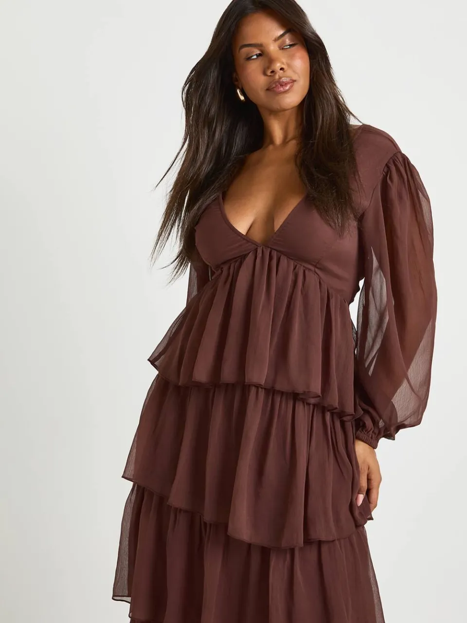 boohoo Dames Chiffon ruche midaxi jurk chocoladebruin, foto 3