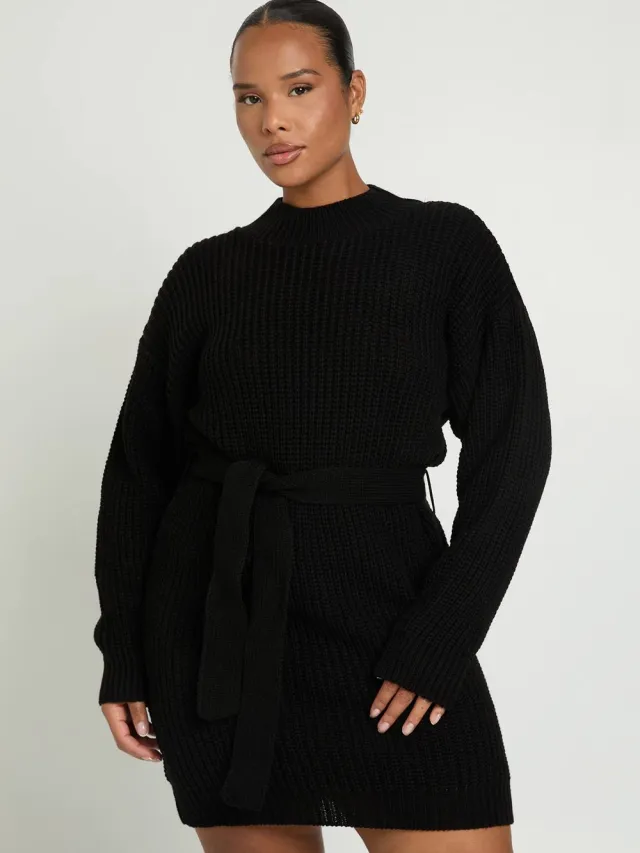 boohoo Dames Plus Gebreide Jurk Met Ceintuur Mini Zwart