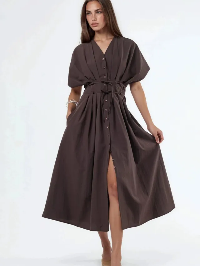 Busem Casual V-hals Midi Shirtjurk Bruin