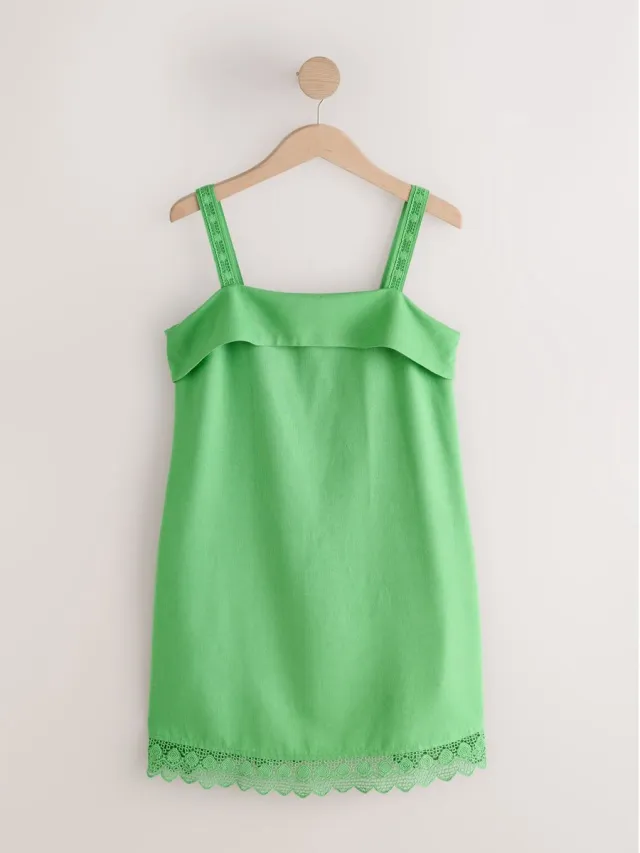 Next Dames - Petite minizomerjurk met omslagen en smalle bandjes - Petite - Groen Green Lace Trim