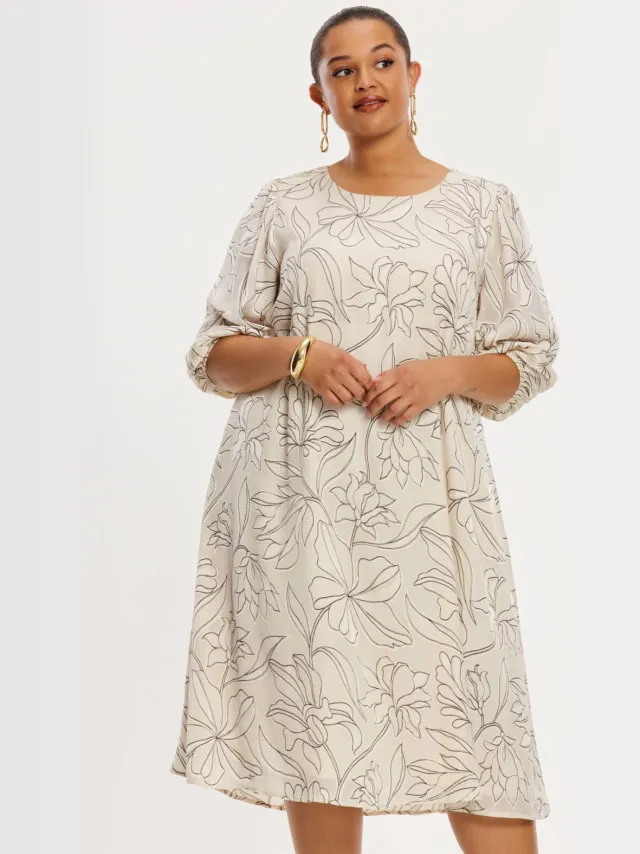 Yoek RICAMI midi jurk ecru met bloemenprint Ecru/zwart