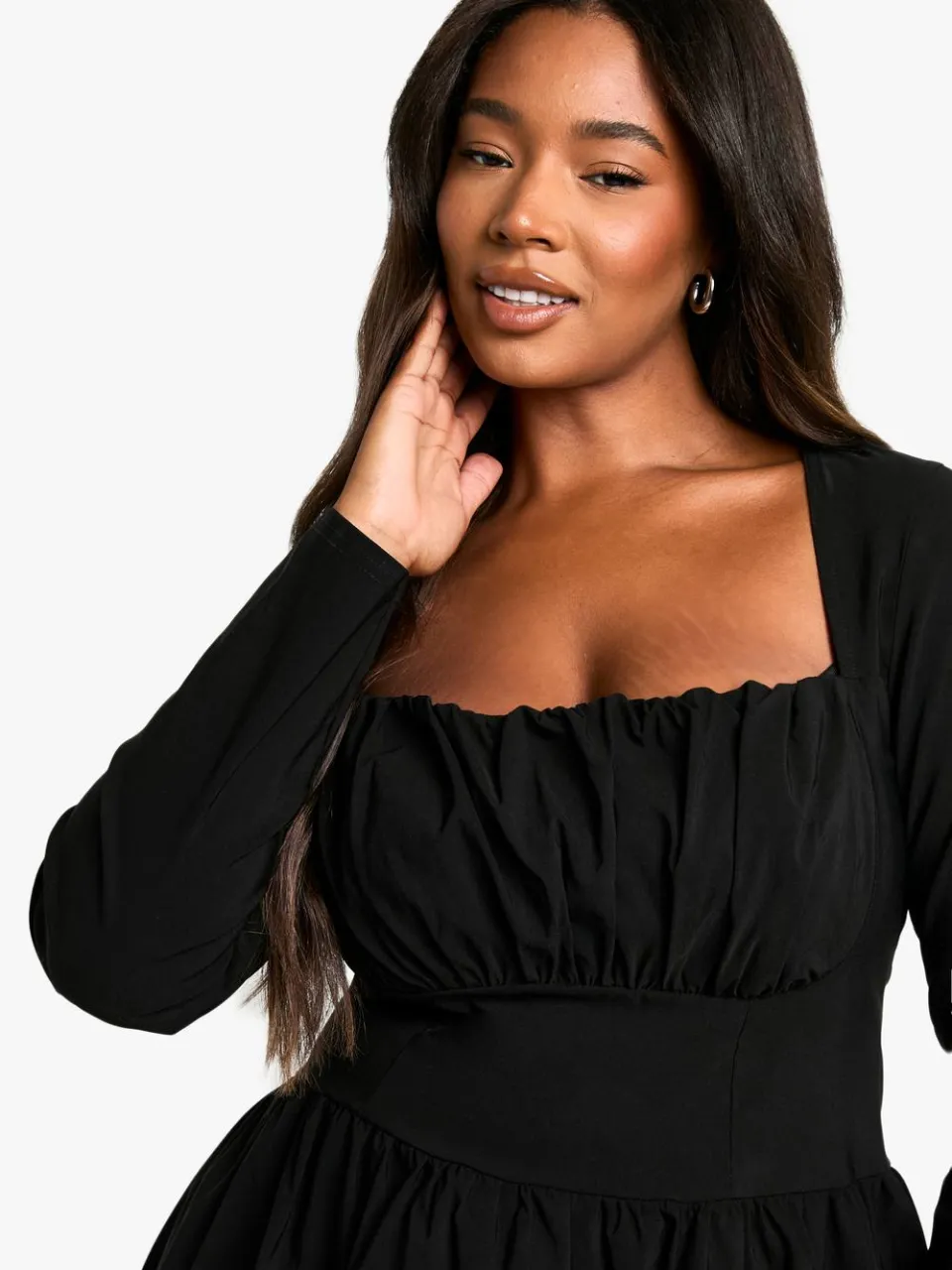 boohoo Dames Plus Bengaline Corset Jurk met Lange Mouwen en Skaterrok zwart, foto 3