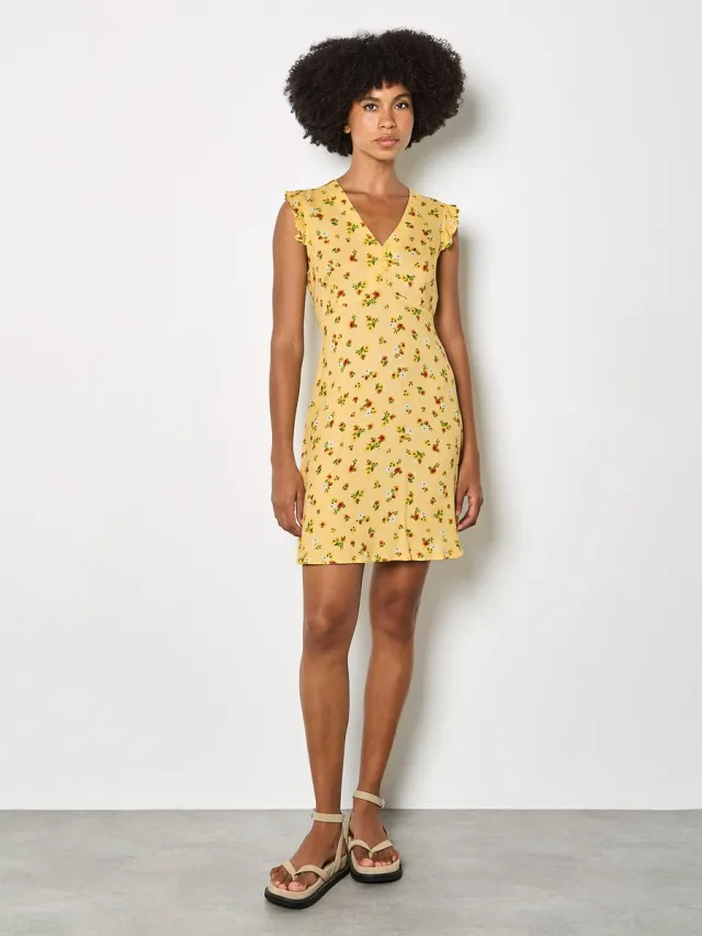 Apricot Vintage mini-jurk met bloemenprint en ruches geel