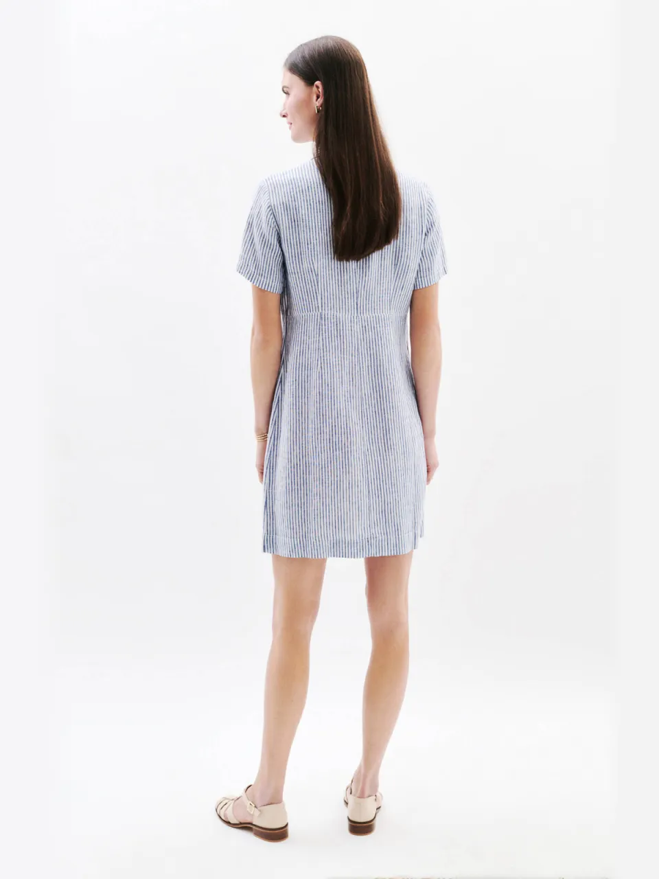 Caroll linnen gestreepte blousejurk medium blue denim, foto 3
