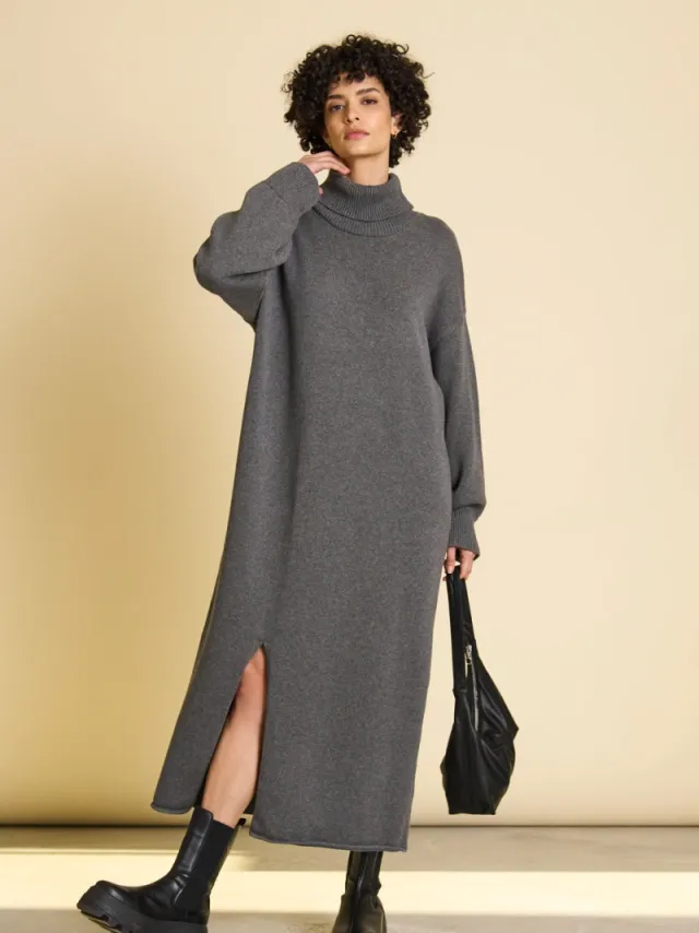 JAN N JUNE dames vegan Midi Jurk Inari Donkergrijs