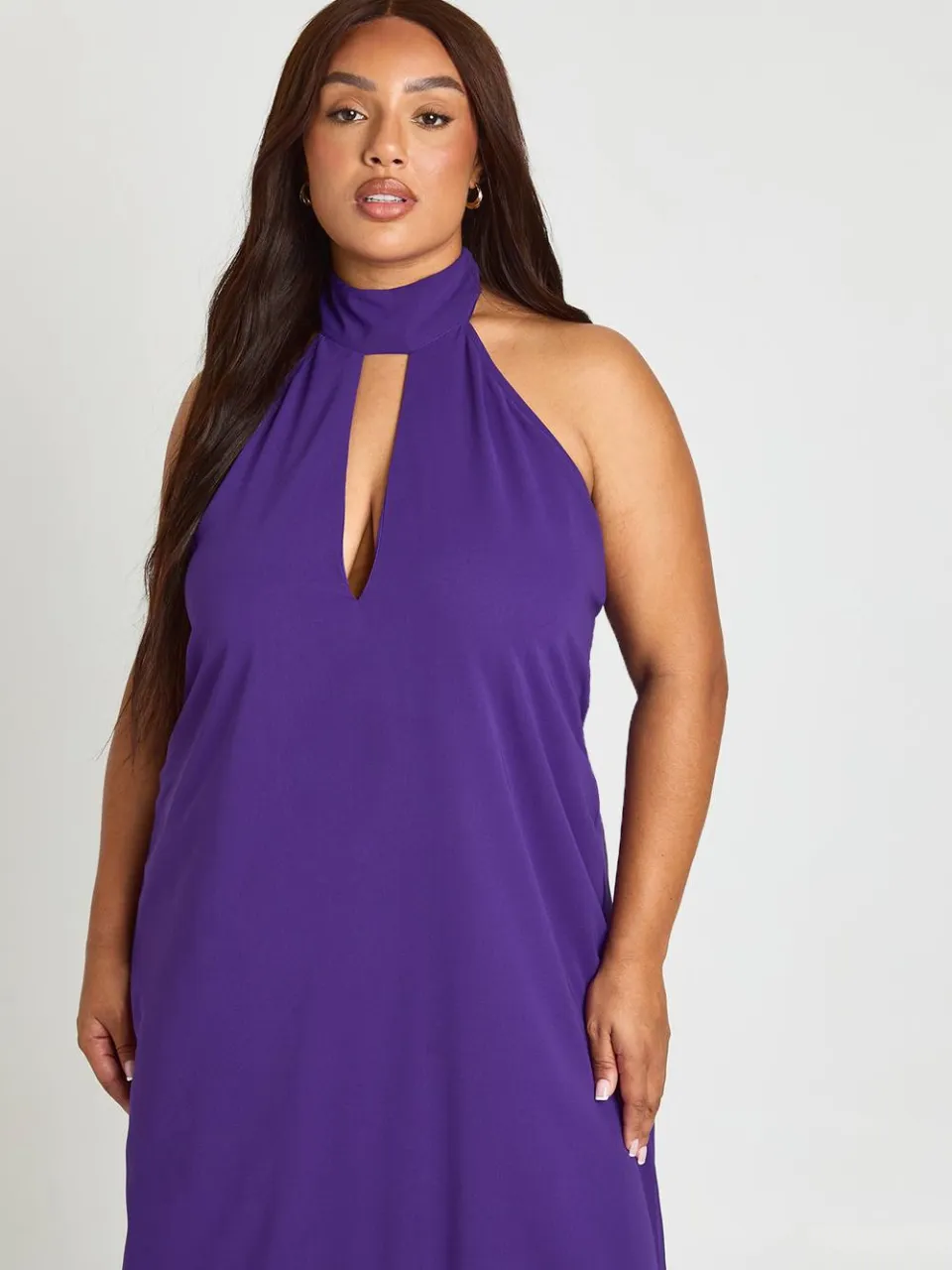 boohoo Dames Plus Plunge Chiffon Halter Maxi Jurk Met Ruches violet, foto 4