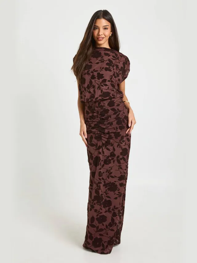 boohoo Dames Devore Blouse Maxi Jurk Chocoladebruin