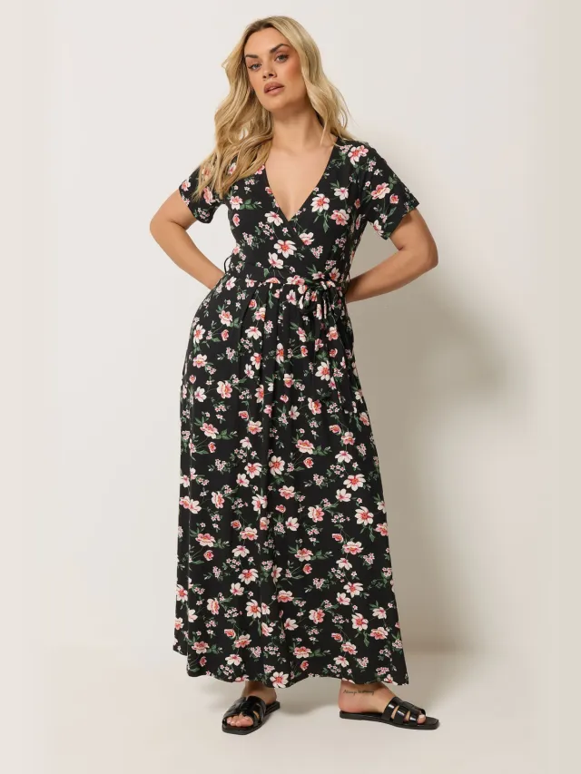 Yours Zwarte Wikkeljurk Met Bloemenprint-52 Black
