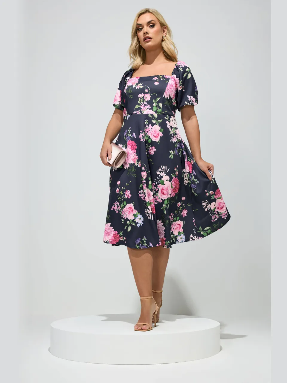 Yours London Marineblauwe Jurk Met Bloemenprint En Vierkante Hals-56, foto 3