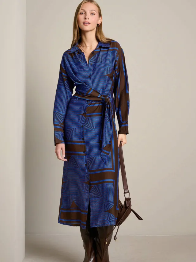 LOLALIZA midi blousejurk - blauw/bruin