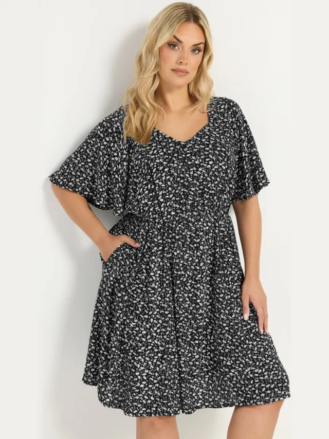 Yours Zwarte Madeliefjes Smock Minijurk Black