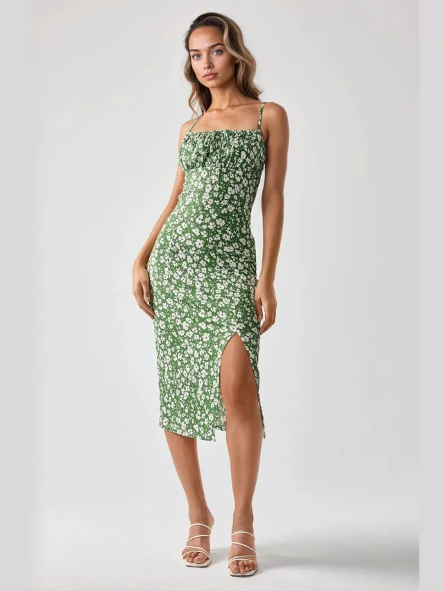 Hiccup Allover Bloemenprint Bodycon Midi-jurk met Splits Groen