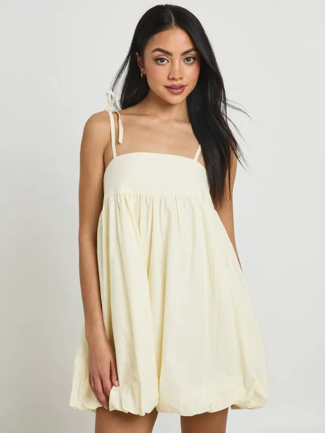 boohoo Dames Katoenen Poplin Puff Ball Mini Jurk Citroen