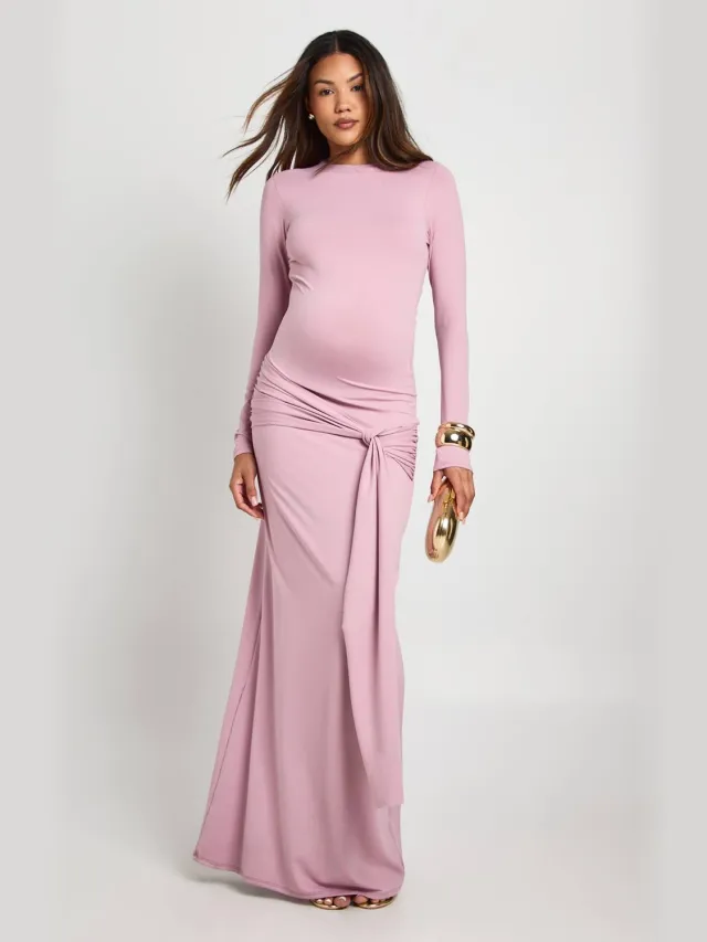 boohoo Dames Zwangerschap Onderbuik Tie Drop Zoom Maxi Mauve