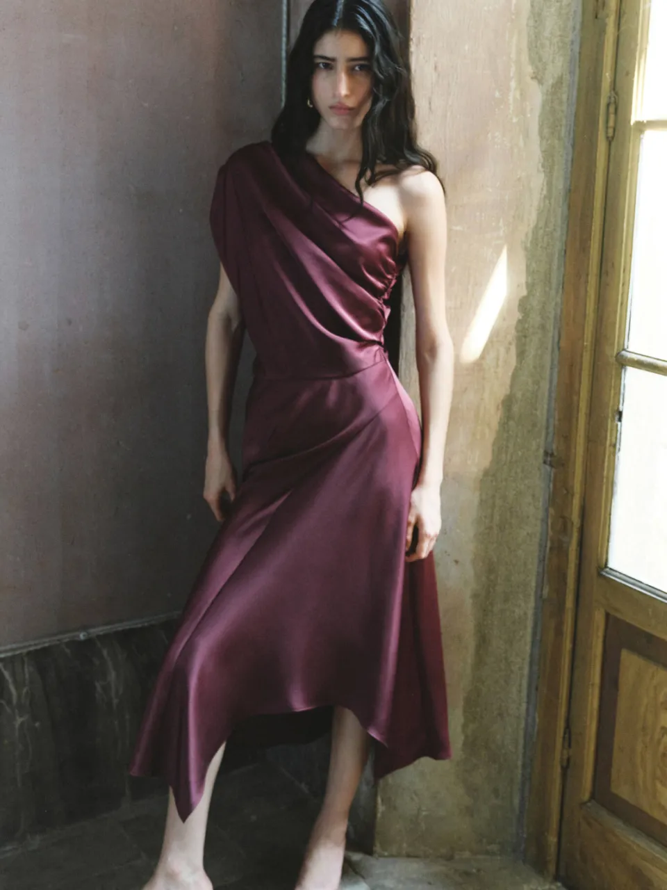 Mango one shoulder midi jurk - donkerpaars, foto 4