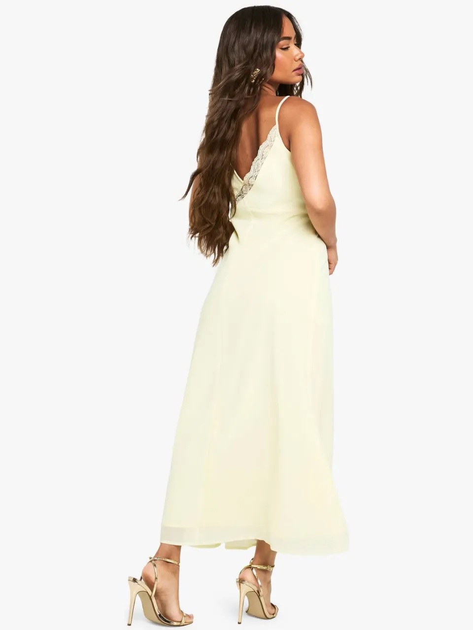 boohoo Dames Chiffon Lace Detail Ruffled Midaxi Jurk citroen, foto 2