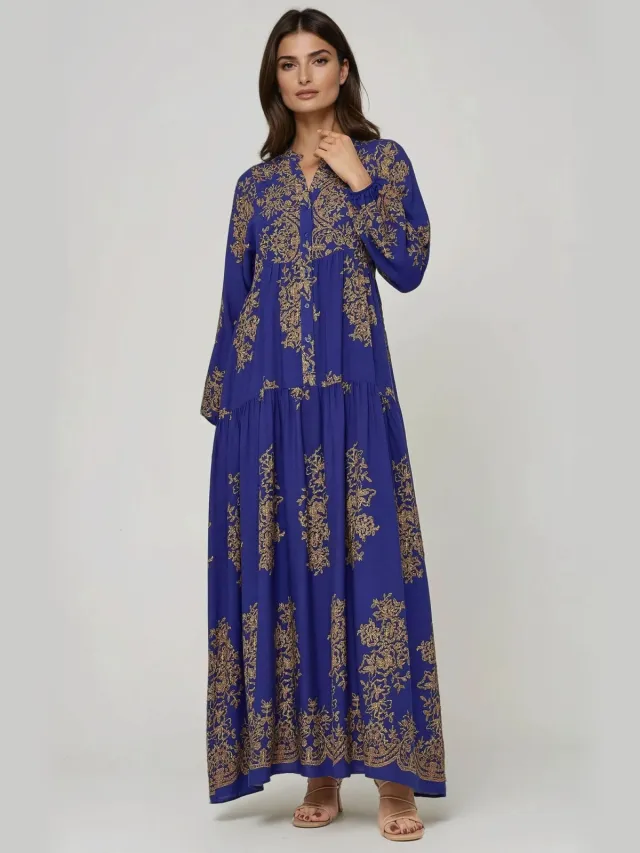 Hiccup Geprinte Viscose Maxi-jurk met Hemd-kraag Saffier