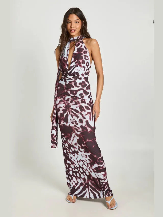 boohoo Dames Maxi-jurk Met Tonaal Abstract Dierenprint En Sjaaldetail Chocoladebruin
