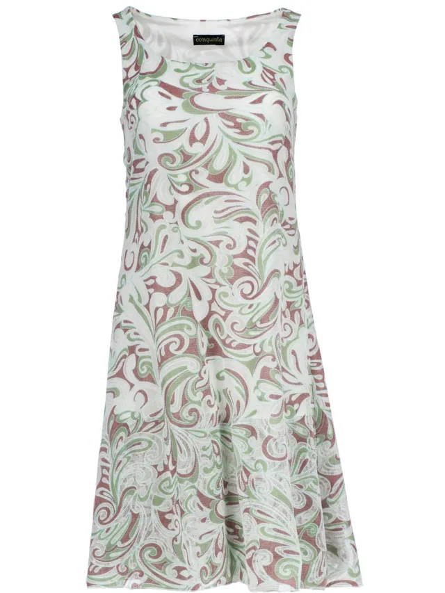 Conquista Bloemen Jacquard Mouwloze A-lijn Jurk – Katoenmix, Boven de Knie Ecru