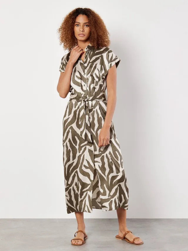 Apricot Midijurk van gestructureerd satijn met zebraprint kaki