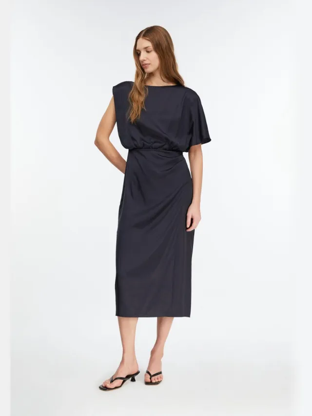 Comma female - Asymmetrische satijnen jurk met drapering navy