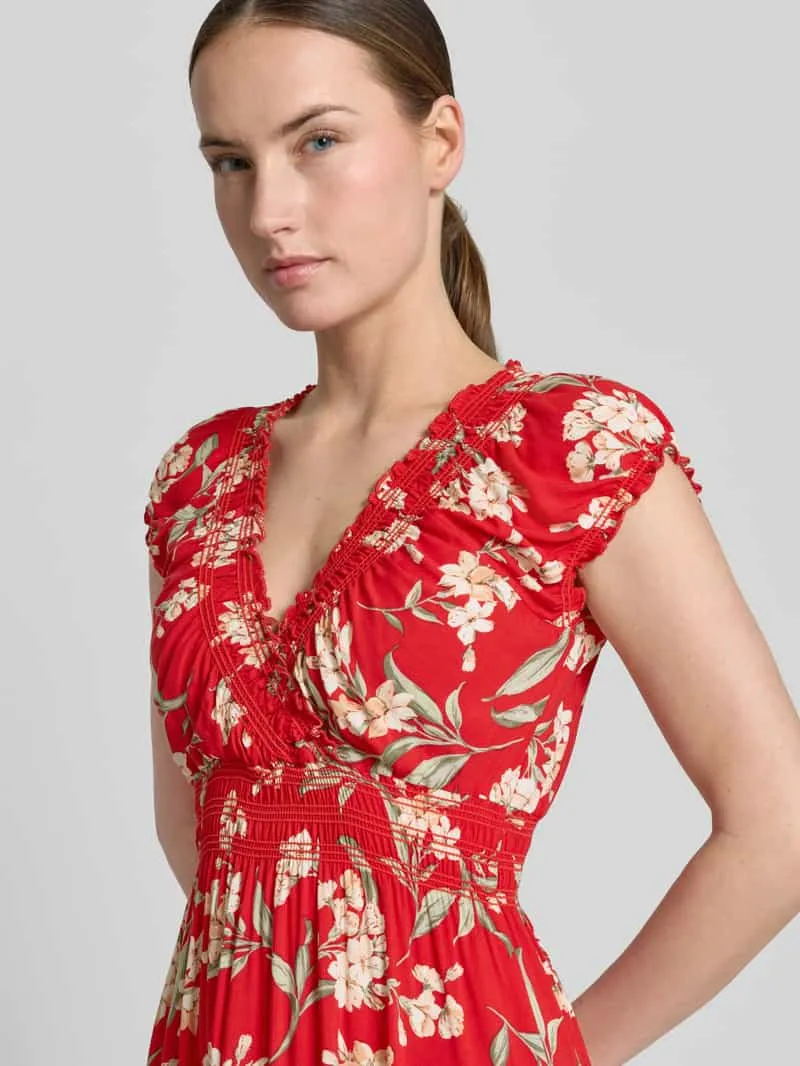Apricot maxi-jurk van viscose met v-hals en smokdetails rood, foto 4