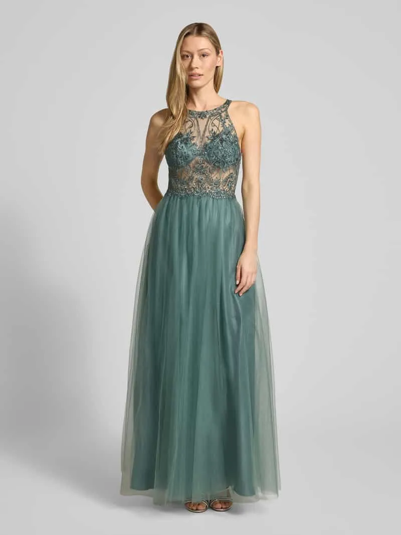 Laona Avondjurk in semi-transparant design met siersteentjes Oceaanblauw