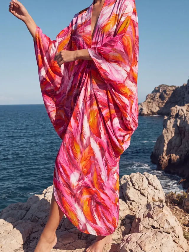Trendyol TRENDYOLMİLLA Dames Roze Tropisch Maxi Lang Strandkleding Recht Strandjurken, foto 2