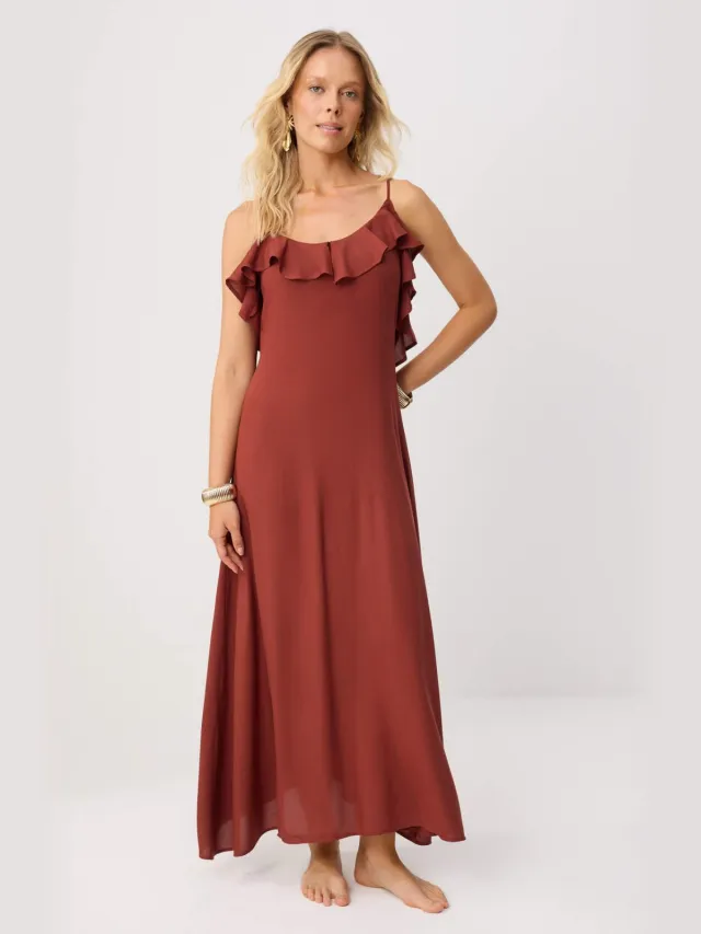 Trendyol TRENDYOLMİLLA Dames Bruin Bloemen Maxi Mouwloos Strandkleding Recht Strandjurken Donkerbruin